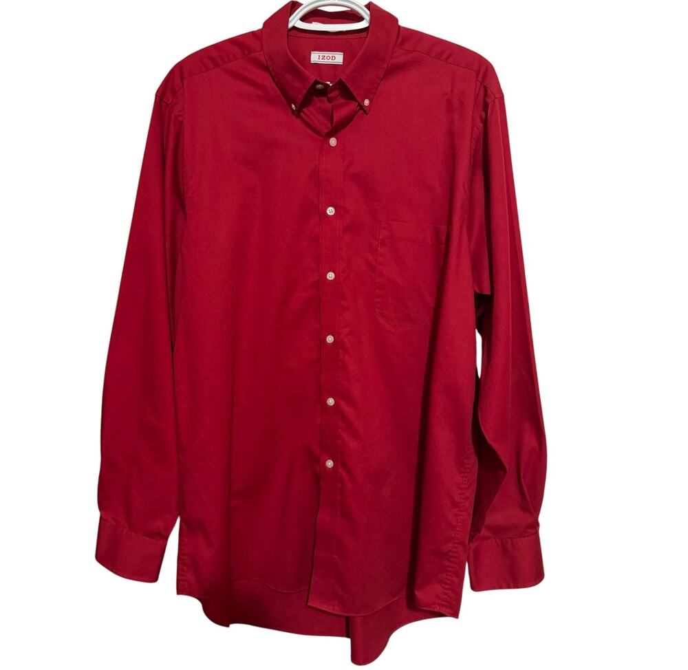IZOD Men's Wrinkle Free Quick‎ Dry Twill Red Button Down Shirt Size 16 1/2 34/35